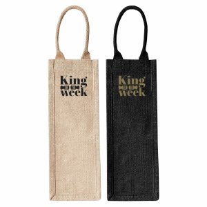A jute wine carrier in natural and black colours, featuring handles and a logo.
