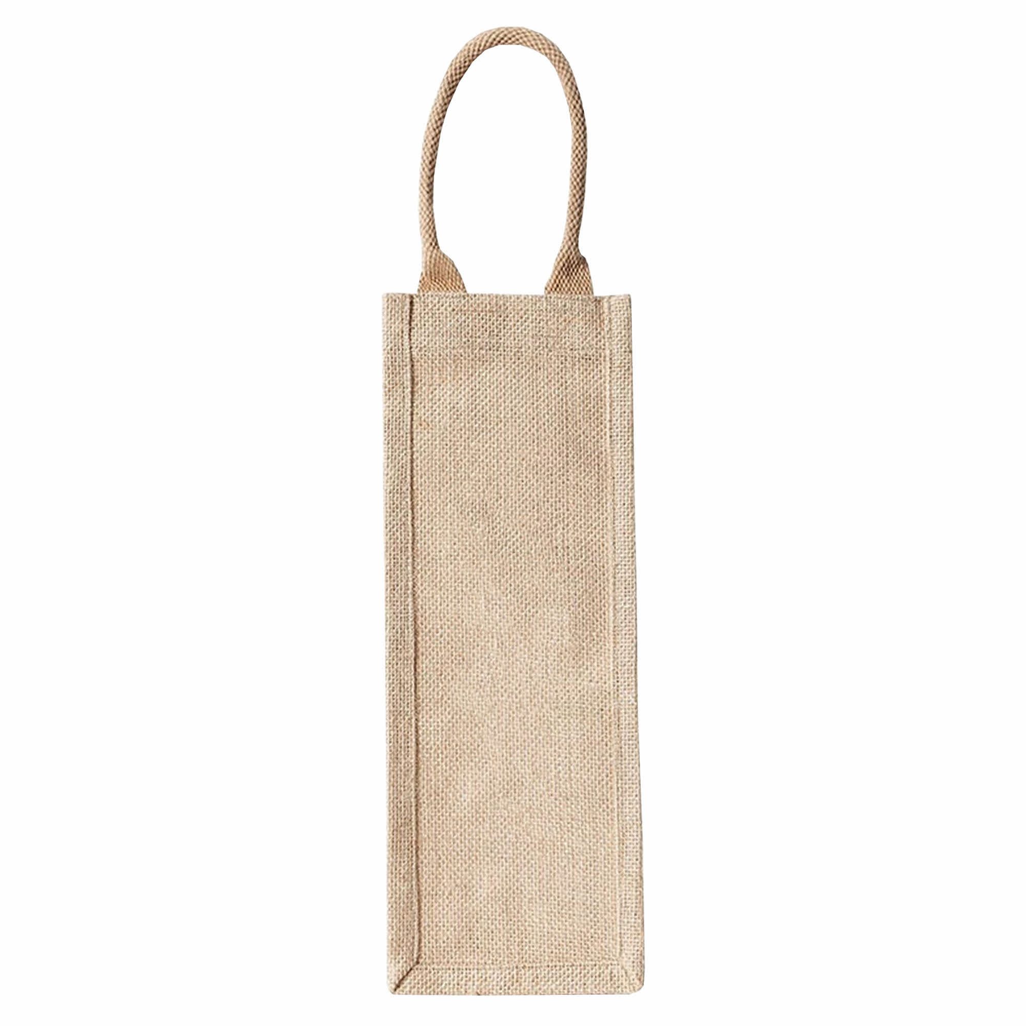 A jute wine carrier in a natural beige colour, featuring a sturdy handle and a simple design.