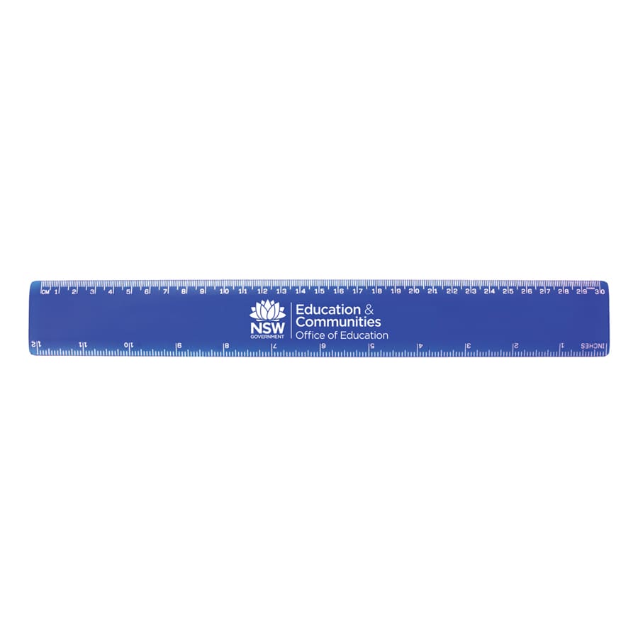 A blue 30cm plastic ruler featuring measurement markings and a logo.