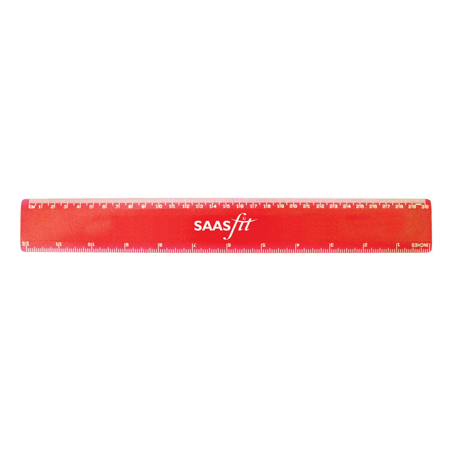 A red 30cm plastic ruler with measurement markings and a logo.