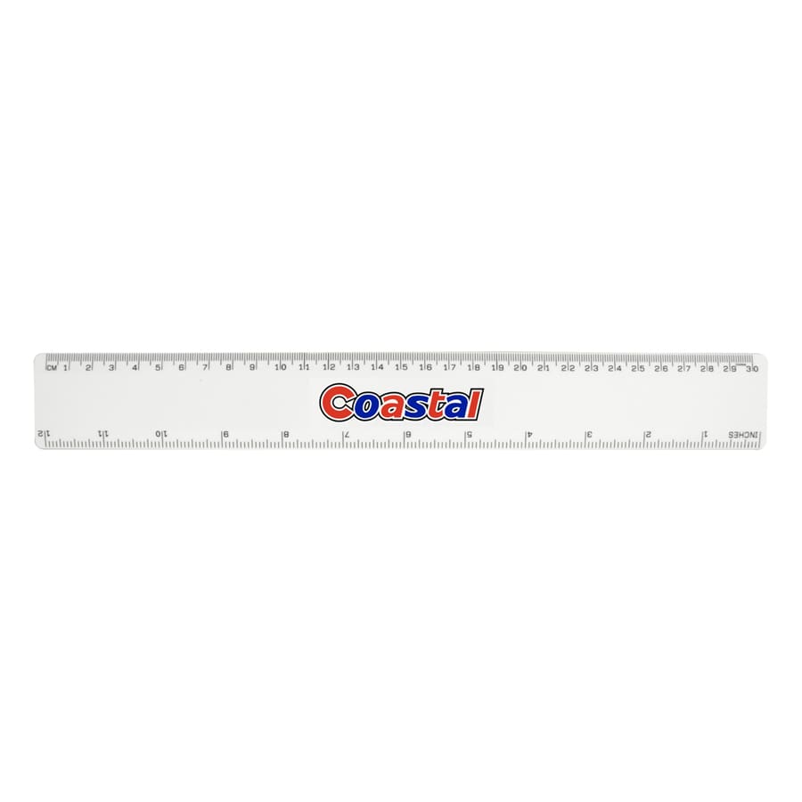 A 30cm clear plastic ruler featuring red and blue branding, with measurements marked along one edge.