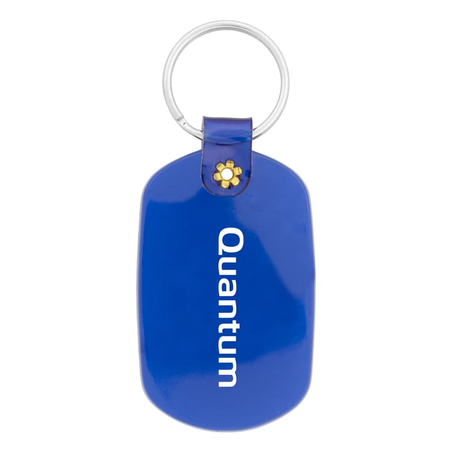 A blue oval keychain with a decorative attachment and a logo on the front.