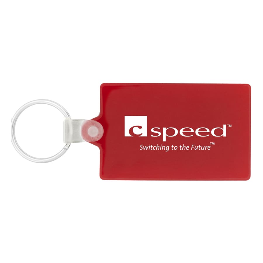 A rectangular red keychain with a silver ring and a logo.