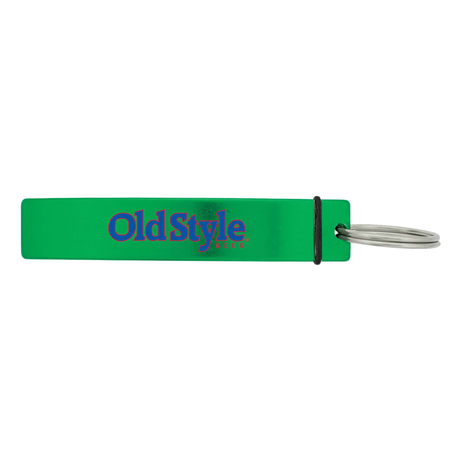 A drink bottle opener in bright green, featuring a logo and a keyring attachment.