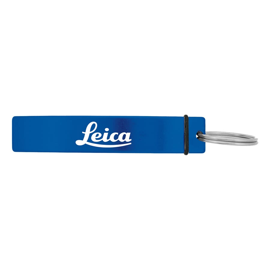 A drink bottle opener in blue with a silver keyring. Features a logo on the surface.