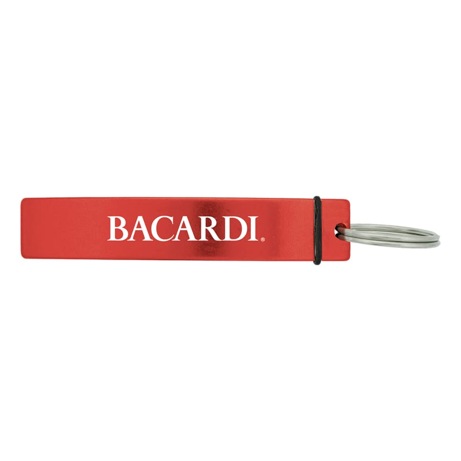 A drink bottle opener in red metal with a silver keyring and a logo printed on it.