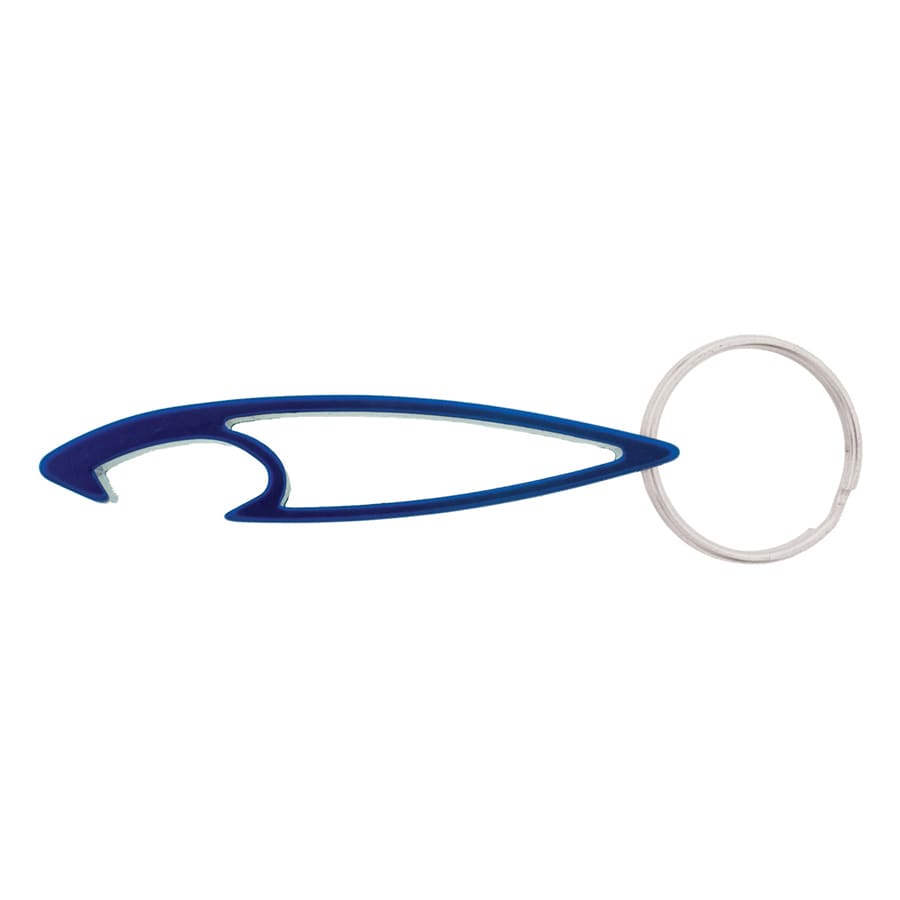 A drink bottle opener in blue with a keyring attachment, featuring a sleek, curved design.
