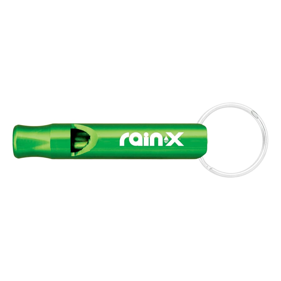 A green aluminium metal whistle keychain with a metal ring, featuring a logo on the side.