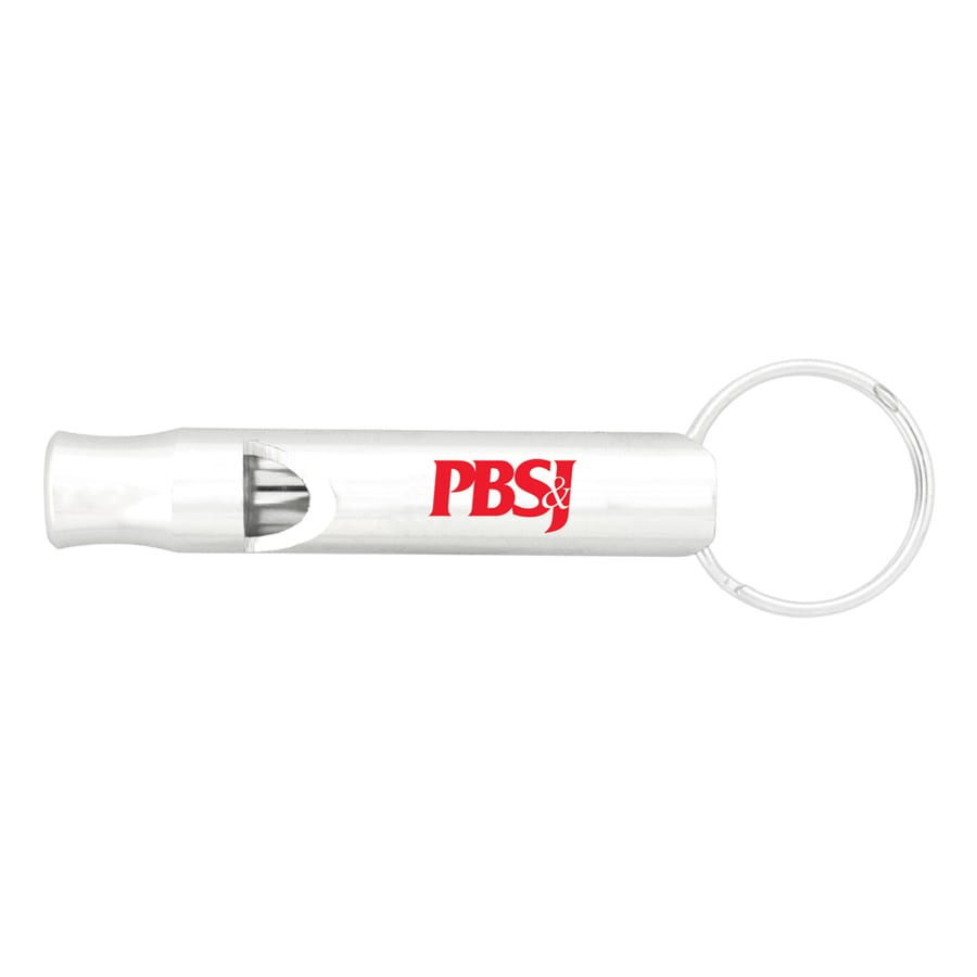 A white aluminium whistle keychain featuring a keyring and a logo.