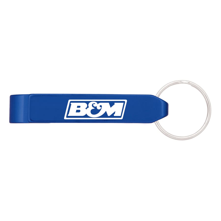 A drink bottle opener in blue with a keyring attachment and a logo on the side.