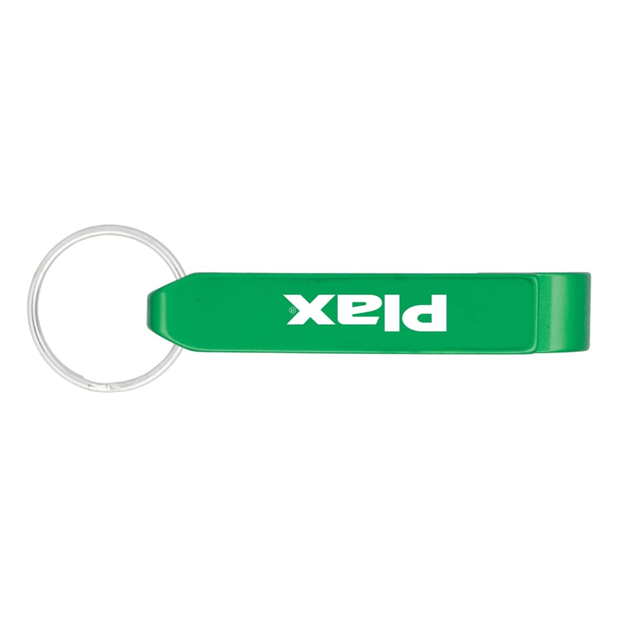 A drink bottle opener in bright green with a keyring attachment, featuring a logo on one side.