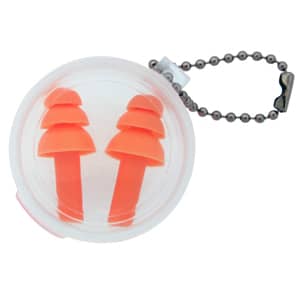 A silicone earplug keychain with bright orange earplugs inside a clear container. Features a metal chain.