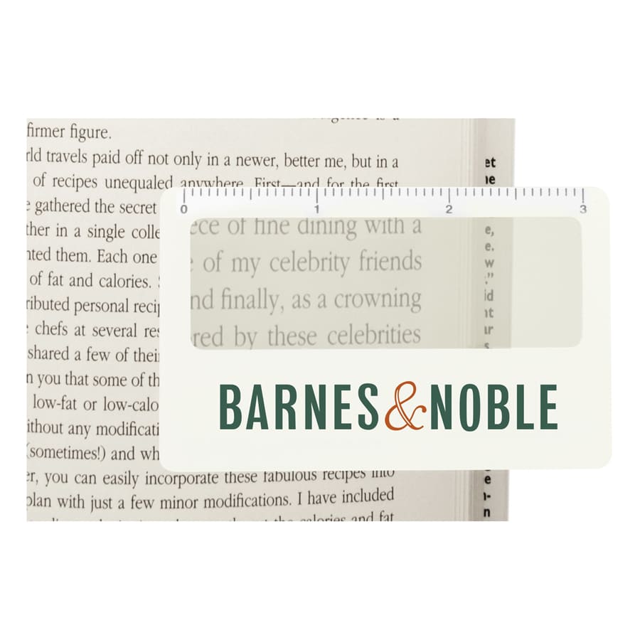 A pocket ruler magnifier with sleeve, featuring a clear design and a logo underneath, mainly in white and green.