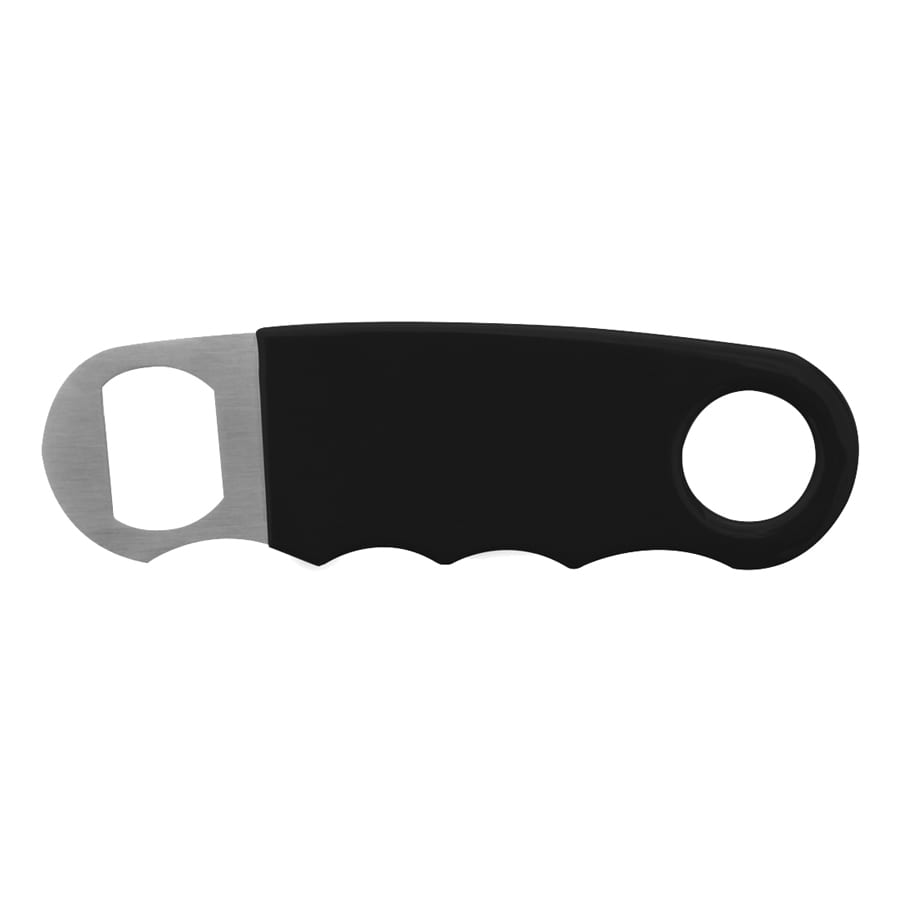 A drink bottle opener featuring a stainless steel end and a black rubber handle with a grip design.