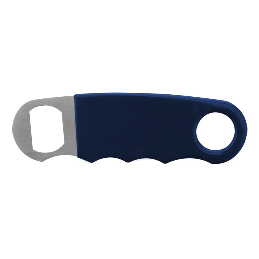 A drink bottle opener in navy blue with a stainless steel end and a textured grip. It features a logo.