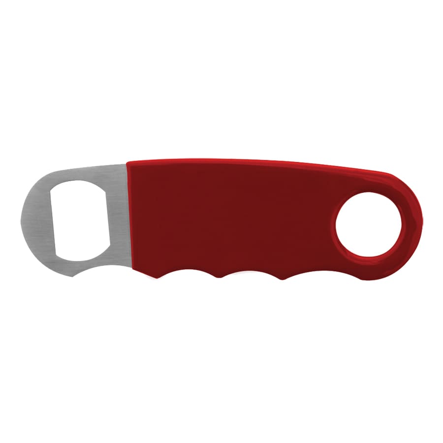 A drink bottle opener in red with a stainless steel opener and a textured grip for easy handling.