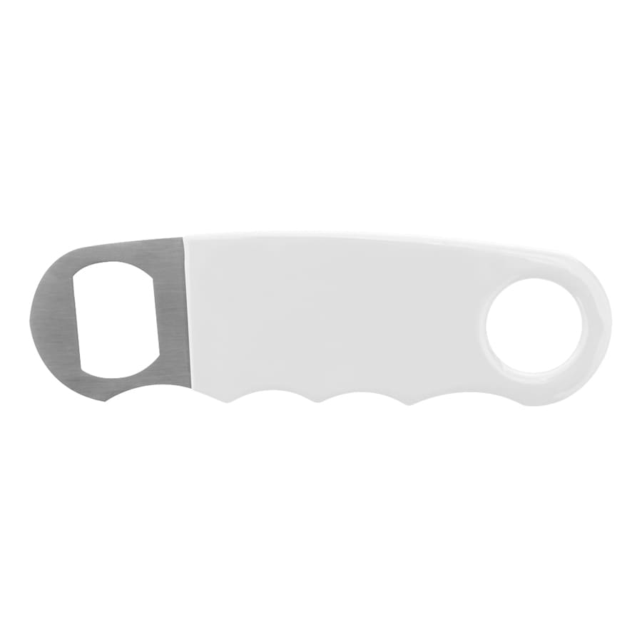 A drink bottle opener in white plastic with a stainless steel opener section and a circular hole for easy handling.
