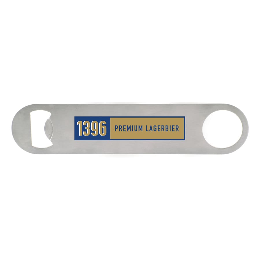A drink bottle opener in silver, featuring a logo or branding on the handle.