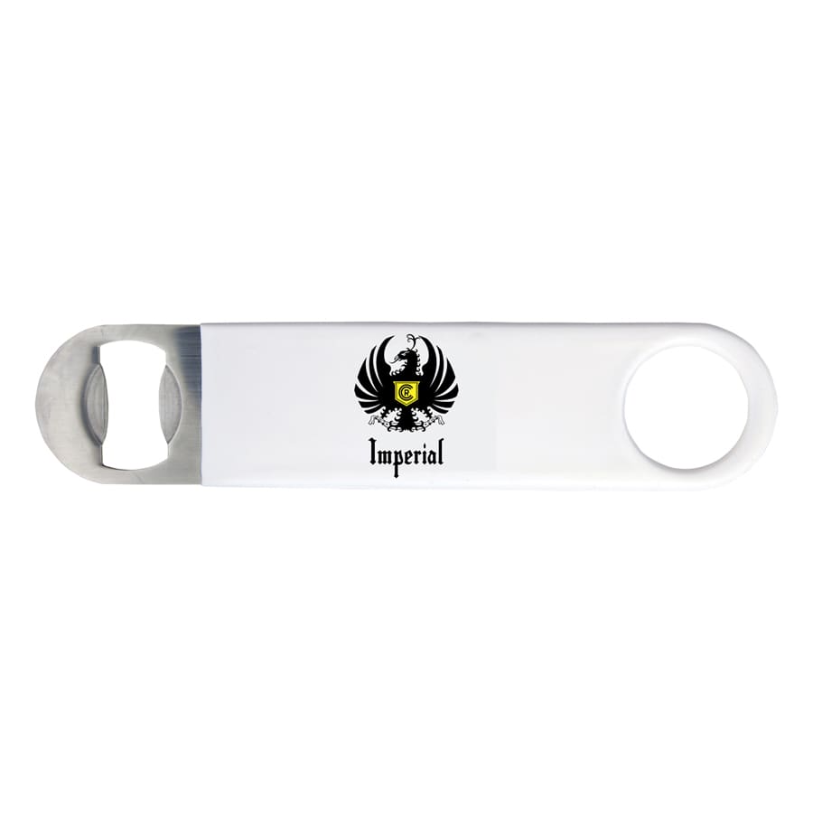A drink bottle opener in white with a metal cap-opening feature and a logo.