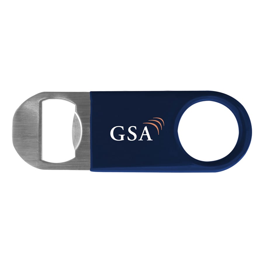 A drink bottle opener in navy blue vinyl with a stainless steel opener and a logo embossed on it.
