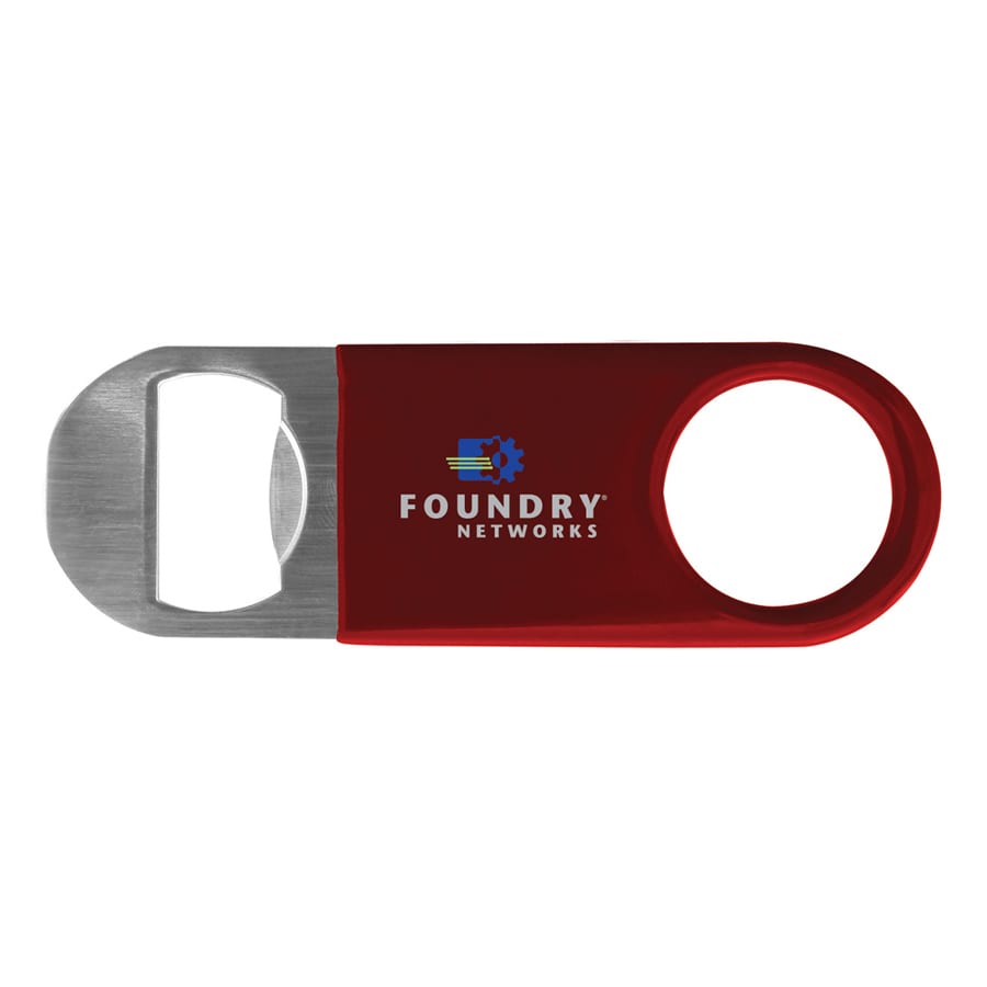 A drink bottle opener featuring a red vinyl handle and a stainless steel bottle opener, with a logo displayed.