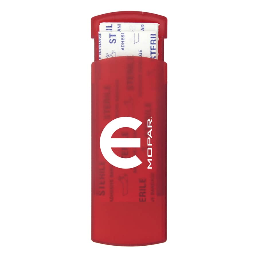 A red bandage dispenser with a logo, containing bandages inside.