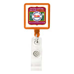 A rectangular badge holder in orange and clear, featuring a logo at the top and a retractable reel.