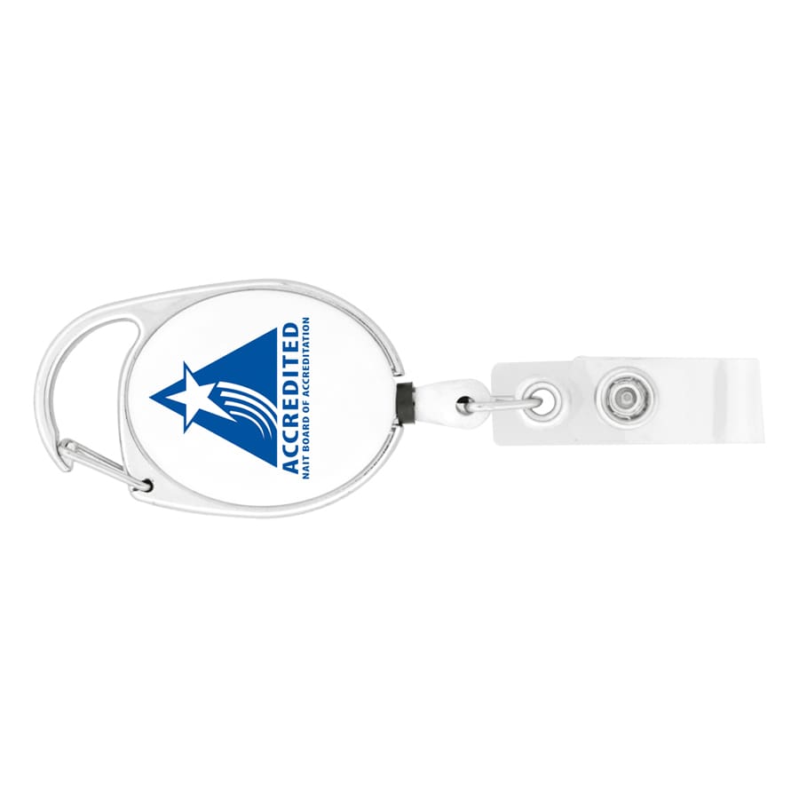 A retractable badge holder in silver with a clear strap and a logo on an oval body.
