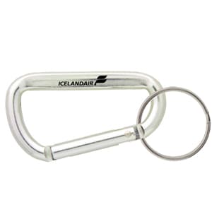 A silver 60mm carabiner with a round keyring attachment and a logo.