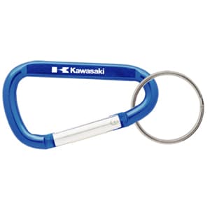 A blue 60mm carabiner with a silver section and a keyring attachment, featuring a logo.