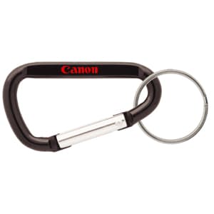 A black 60mm carabiner with a silver key ring and a logo displayed on the side.