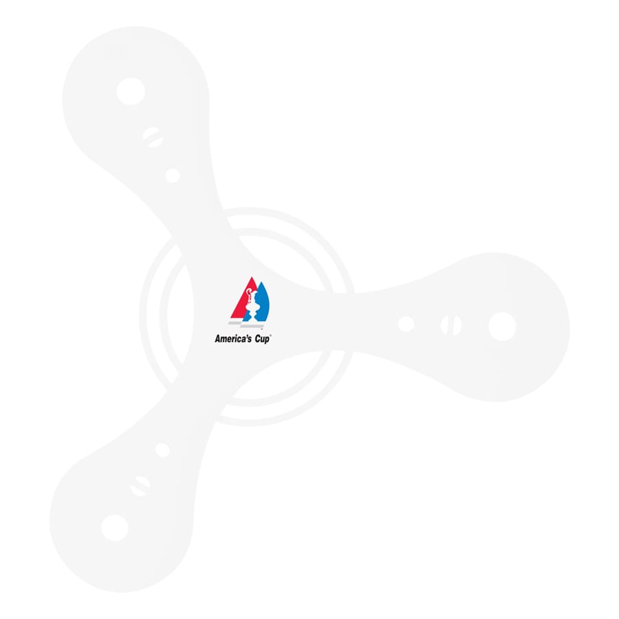 A white tripod boomerang with a central circle and a small logo in the centre.
