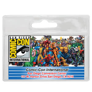 A clear plastic badge holder featuring a colourful illustration of superheroes and event details on the front.