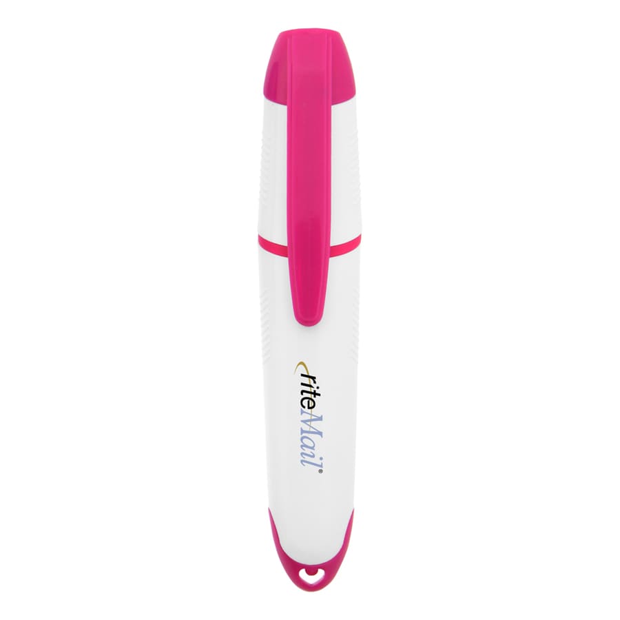A white highlighter with a pink cap and accents, featuring a branding logo.
