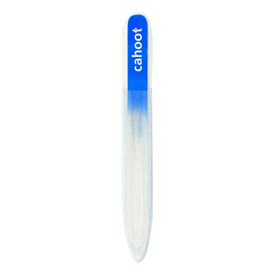 A glass nail file with a clear body and a blue handle, featuring a logo.