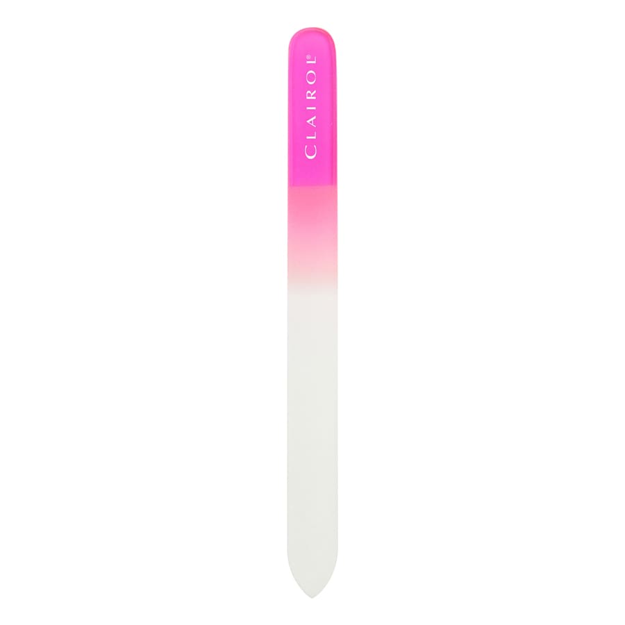 A glass nail file featuring a white body with a pink gradient tip and a logo at the top.
