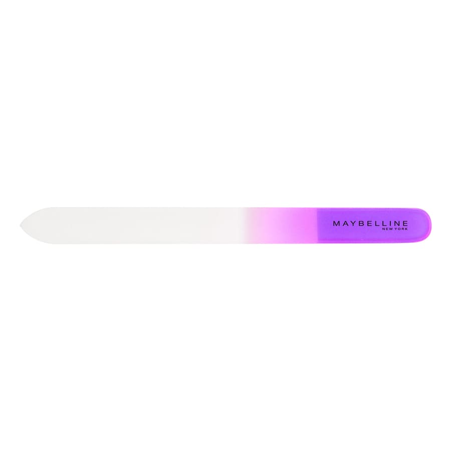A glass nail file with a white to purple gradient and a branding logo.