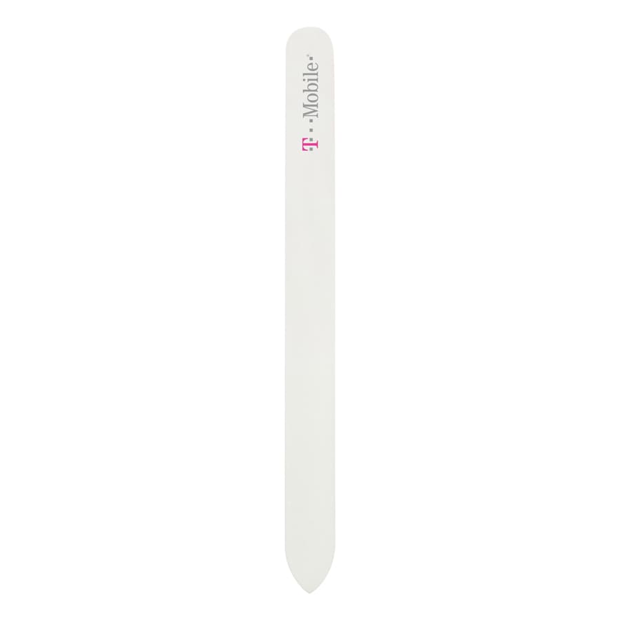 A glass nail file in white, featuring a logo at one end, designed for nail care.