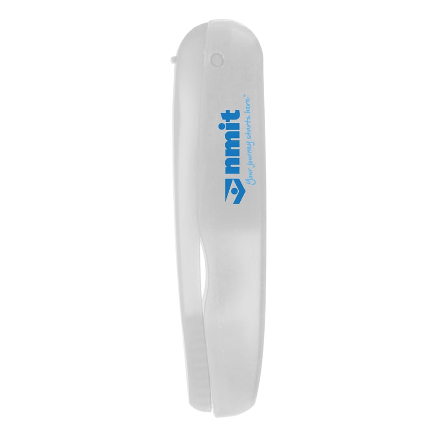 A folding travel toothbrush in clear plastic, featuring a blue logo on the side.