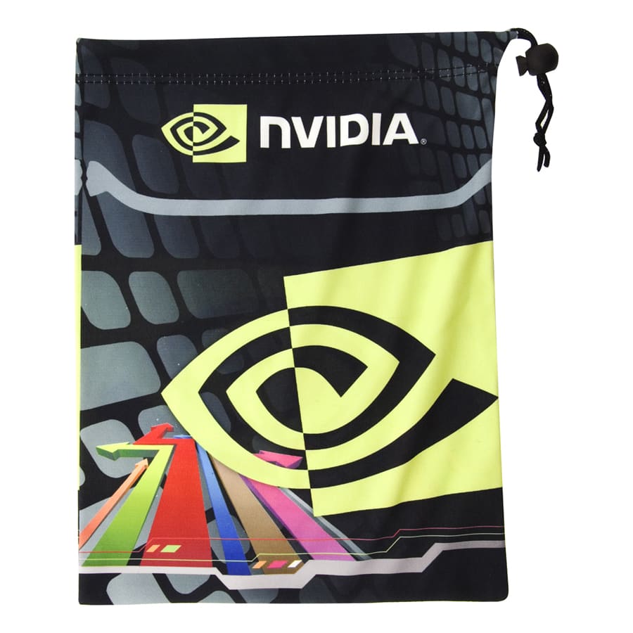 A microfibre pouch featuring a vibrant design in black and yellow, with a drawstring closure and a logo.