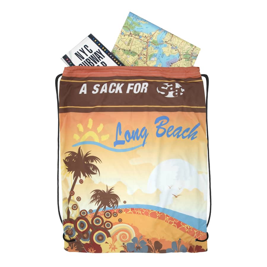 A drawstring backpack in brown, orange, and yellow with a tropical beach graphic and a logo. Contains a map and booklet.