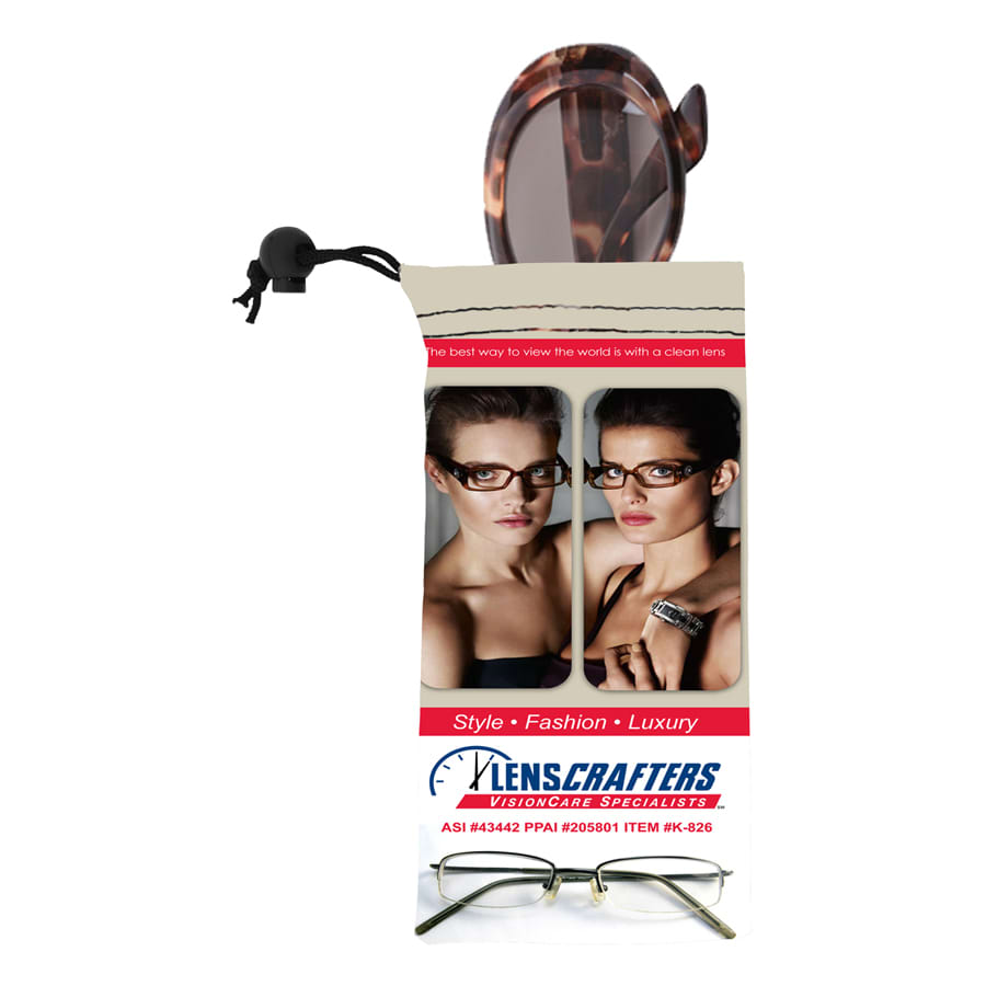 A microfiber sunglass pouch featuring a stylish design with tortoiseshell sunglasses and an eye-catching logo.