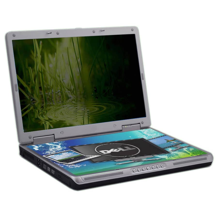 A laptop with a vibrant, multi-coloured microfiber screen protector displaying a scenic design, featuring a logo.