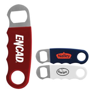 A drink bottle opener set featuring red, navy, and white handles with metal opening ends and logos.