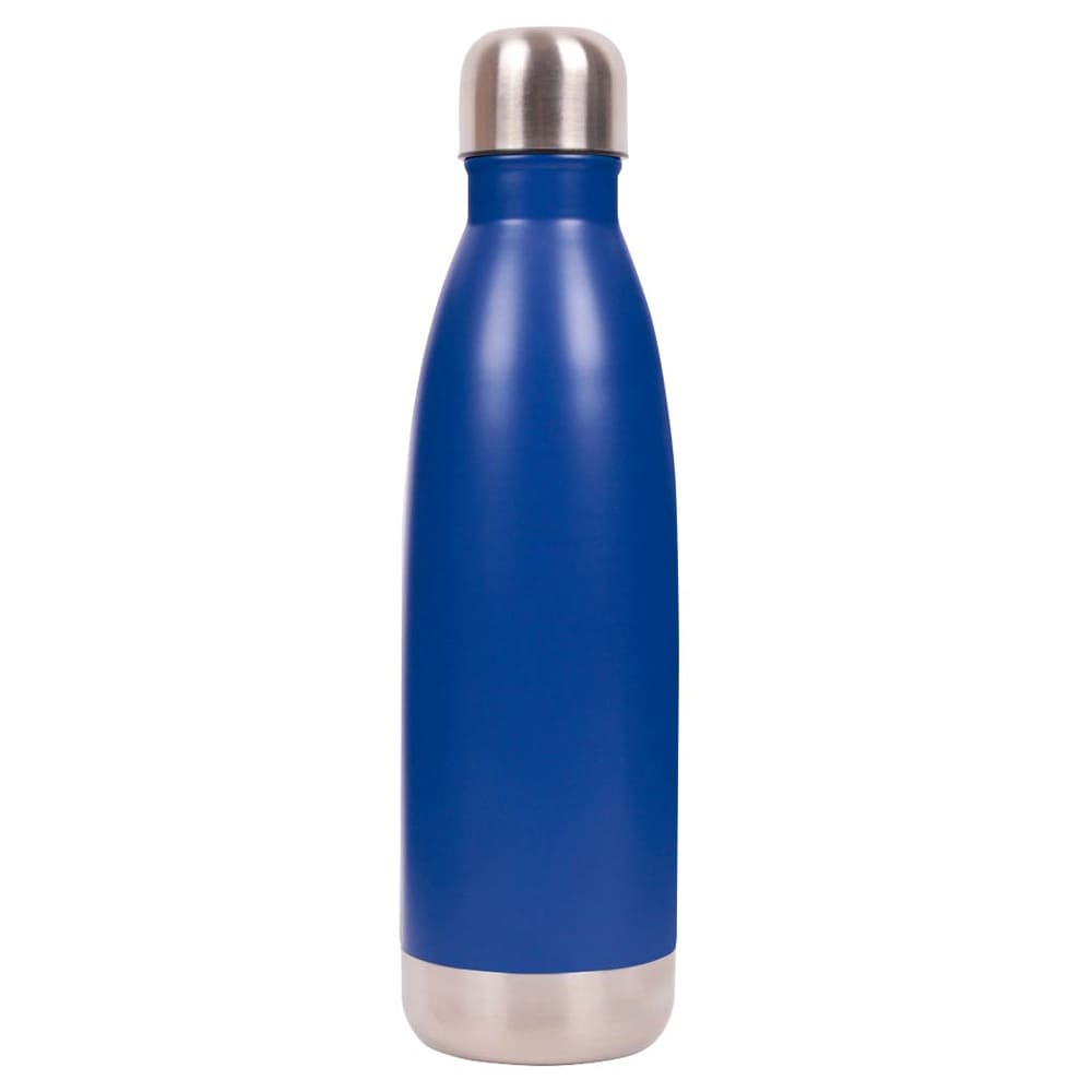 A drink bottle with a blue finish and a stainless steel cap, featuring a logo on the surface.