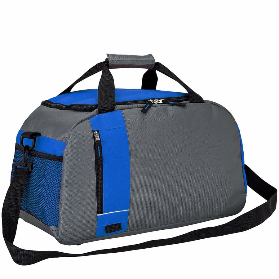 A grey and blue duffel bag with multiple compartments, carrying handles, and an adjustable strap. It features a mesh side pocket.