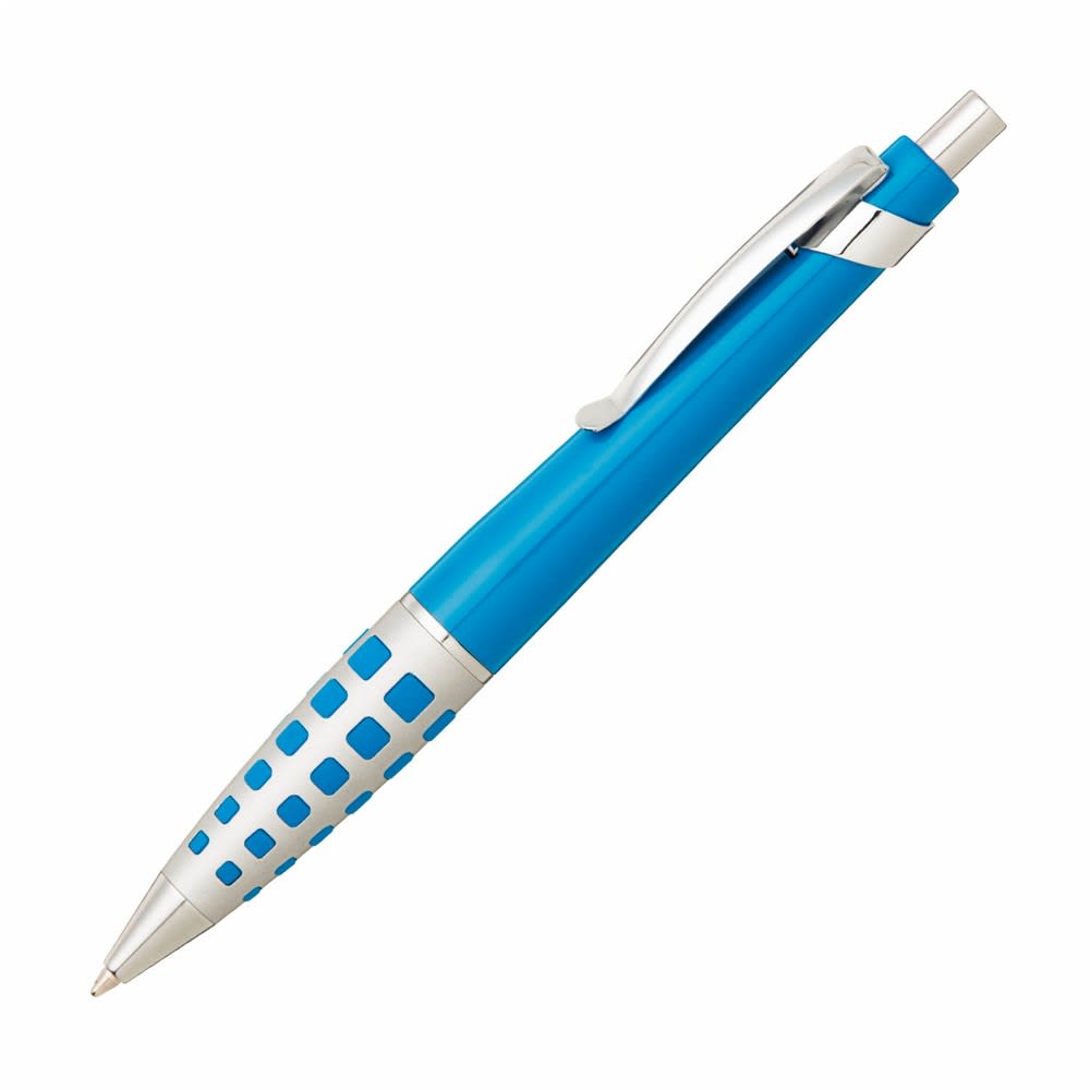 A blue metal pen with a silver grip and clip, featuring a dotted design and branding.