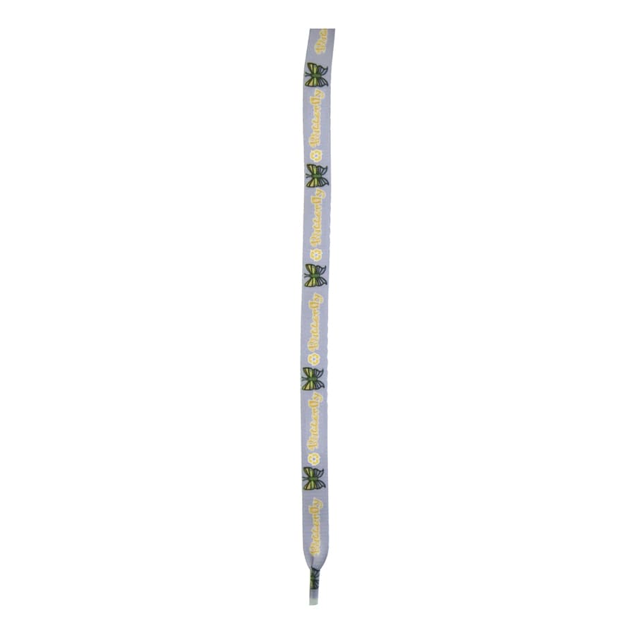 A pair of grey shoe laces featuring a logo and a colourful pattern along the length.