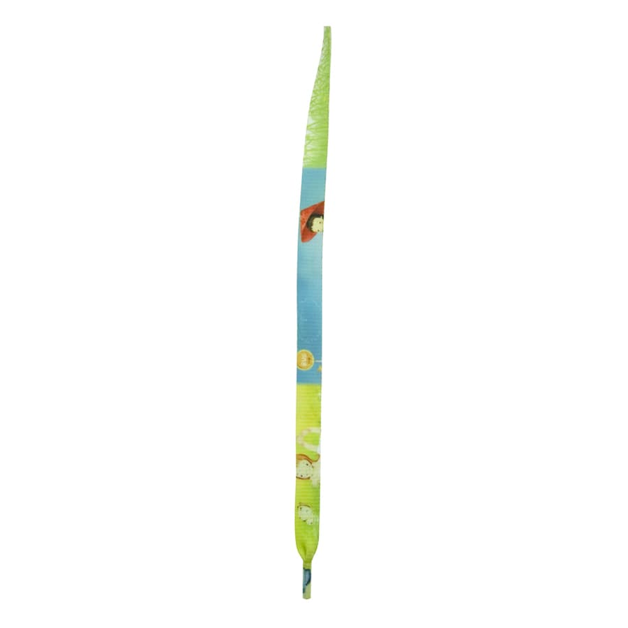 Brightly coloured shoe laces featuring a playful design in shades of blue and green, with a logo.