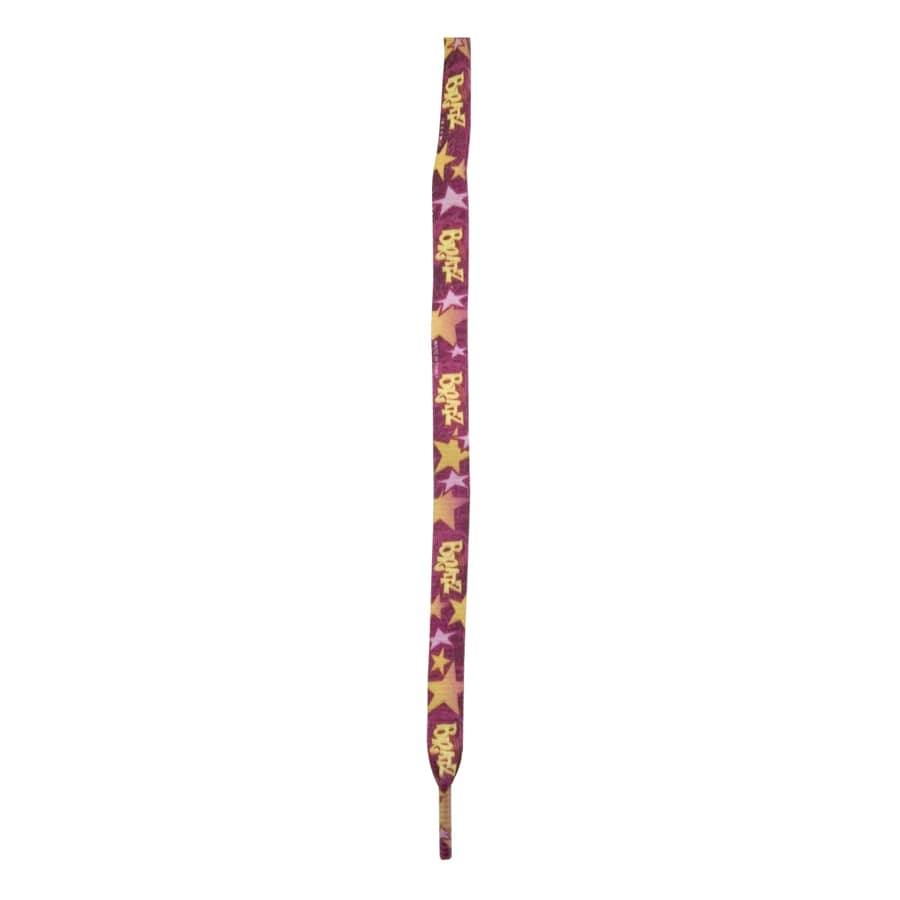 A pair of purple shoe laces with yellow stars and a branding logo.